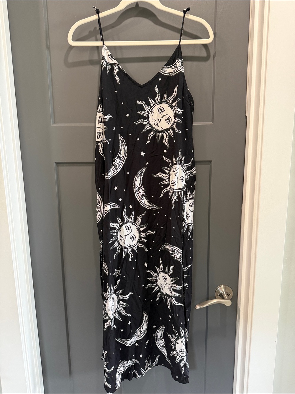 Motel Rocks Black Maxi Slip Dress with White Sun & Moon Print